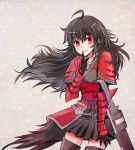 1girl ahoge armor black_hair commentary_request finger_to_mouth grin iesupa raven_branwen red_eyes rwby shushing smile solo sword weapon 