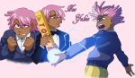  1boy black_bow black_neckwear bow bowtie clenched_hands clenched_teeth copyright_name dark_skin dark_skinned_male energy_ball hairlocs kaz_kaan luaudrey male_focus neo_yokio pink_background pink_hair short_hair simple_background sweat sweater teeth toblerone tuxedo violet_eyes 