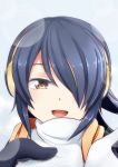  1girl :d black_hair brown_eyes commentary emperor_penguin_(kemono_friends) face hair_over_one_eye hand_on_own_chest headphones highres hood hoodie kemono_friends long_hair looking_at_viewer open_mouth portrait smile solo yasume_yukito 