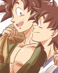  2boys bag bare_chest black_eyes black_hair dougi dragon_ball dragonball_z father_and_son hand_on_another&#039;s_shoulder happy looking_at_another male_focus miiko_(drops7) multiple_boys open_mouth shirt simple_background smile son_gokuu son_goten spiky_hair white_background white_shirt wristband 