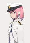  1girl expressionless gloves grey_background hair_bobbles hair_ornament hat kantai_collection long_sleeves military military_uniform naval_uniform peaked_cap pink_eyes pink_hair sazanami_(kantai_collection) short_hair simple_background sohin solo twintails uniform white_gloves 
