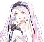  1girl bangs bare_shoulders detached_collar dress euryale eyebrows_visible_through_hair fate/grand_order fate_(series) frilled_hairband jewelry lavender_hair long_hair looking_at_viewer necklace parted_bangs parted_lips simple_background solo twintails very_long_hair white_background white_dress yellow_eyes yosi135 
