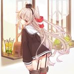  1girl amatsukaze_(kantai_collection) ass black_hairband blush brown_dress dress flat_ass floating_hair hair_tubes hairband kantai_collection light long_hair monaka_ooji orange_eyes sailor_dress short_dress silver_hair solo straight_hair striped striped_legwear thigh-highs two_side_up very_long_hair windsock zettai_ryouiki 