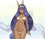  &lt;o&gt;_&lt;o&gt; 1girl absurdres animal_ears armlet arms_at_sides bandeau bikini bikini_pull blue_eyes breasts cleavage closed_mouth collarbone cowboy_shot dark_skin earrings eyebrows_visible_through_hair facial_mark fate/grand_order fate_(series) front-tie_bikini front-tie_top gluteal_fold gradient gradient_background hair_tubes hairband highres hoop_earrings jackal_ears jewelry long_hair looking_at_viewer low-tied_long_hair medium_breasts medjed nakamura_nagare navel nitocris_(fate/grand_order) purple_hair sidelocks simple_background smile solo string_bikini swimsuit thigh_gap very_long_hair white_bikini wide_hips 