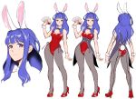  1girl animal_ears ass bare_shoulders blue_eyes blue_hair breasts bunny_tail bunnysuit card cleavage commentary concept_art detached_collar earrings female full_body high_heels highres holding jewelry leotard long_hair looking_at_viewer lovina_(taimanin_asagi_battle_arena) medium_breasts multiple_views pantyhose rabbit_ears simple_background standing strapless strapless_leotard tail taimanin_(series) taimanin_asagi_battle_arena turnaround white_background wrist_cuffs zol 