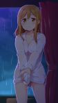  1girl ayami_chiha breasts brown_eyes brown_hair cleavage closed_mouth commentary_request curtains kunikida_hanamaru long_hair long_sleeves looking_at_viewer love_live! love_live!_sunshine!! medium_breasts naked_shirt rain shirt solo standing wet wet_clothes white_shirt wringing_clothes 