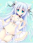  1girl :o animal_ears bangs bare_shoulders blue_hair blue_ribbon blush bow bow_bra bow_panties bra breasts cat_ears cat_girl cat_tail cleavage collarbone commentary_request eyebrows_visible_through_hair flower frilled_bra frilled_panties frills green_eyes hair_between_eyes hair_flower hair_ornament hair_ribbon hands_up hasekura_chiaki leg_garter long_hair looking_at_viewer navel neck_ribbon original panties parted_lips ribbon side-tie_panties sidelocks small_breasts solo tail thigh-highs thigh_gap two_side_up underwear very_long_hair white_bra white_legwear white_panties wrist_cuffs 