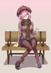  1girl ankle_boots bench boots casual hair_over_one_eye hat high_heel_boots high_heels highres lavender_hair pantyhose scarf shielder_(fate/grand_order) short_hair shorts sitting starbucks sweater violet_eyes zutta 