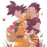  1girl 3boys artist_name basket black_eyes black_hair blush bracelet chi-chi_(dragon_ball) chinese_clothes dappled_sunlight dougi dragon_ball dragonball_z expressionless family food fruit hand_on_another&#039;s_head happy jewelry leaf looking_at_another looking_away miiko_(drops7) multiple_boys open_mouth piggyback simple_background smile son_gohan son_gokuu son_goten spiky_hair strawberry sunlight tied_hair walking white_background 