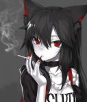  1girl alternate_costume animal_ears bangs belt_collar black_background black_hair black_jacket breasts cigarette closed_mouth clothes_writing collar collarbone commentary_request contemporary eyebrows_visible_through_hair fingernails hair_between_eyes highres hitoshi holding holding_cigarette imaizumi_kagerou jacket long_fingernails long_hair looking_at_viewer medium_breasts nail_polish off_shoulder red_eyes red_nails shirt simple_background smoke solo touhou upper_body white_shirt white_skin wolf_ears 