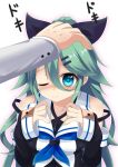  1girl bare_shoulders black_ribbon black_serafuku blue_eyes blue_neckwear blush commentary_request detached_sleeves eyebrows_visible_through_hair green_hair hair_between_eyes hair_ornament hairclip hand_on_another&#039;s_head kantai_collection long_hair looking_at_viewer neckerchief one_eye_closed peta_(taleslove596) petting ribbon school_uniform serafuku smile solo white_background yamakaze_(kantai_collection) 