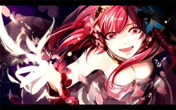  1girl :d arm_up blue_flower bracelet breasts cleavage flower from_above hair_flower hair_ornament hairband jewelry long_hair looking_at_viewer magi_the_labyrinth_of_magic medium_breasts morgiana okurai open_mouth red_eyes redhead sleeveless smile solo 