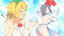  2girls apron ass blonde_hair blue_eyes blue_hair bow breasts cleavage closed_eyes cup drooling hair_bow hair_ribbon highres large_breasts multiple_girls official_art ribbon ryouna_(senran_kagura) senran_kagura senran_kagura_(series) senran_kagura_peach_beach_splash shaved_ice sideboob spoon swimsuit yumi_(senran_kagura) 