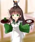  1girl :d ama_usa_an_uniform animal animal_on_head anko_(gochiusa) apron bangs blunt_bangs blurry brown_hair bunny_on_head commentary_request cowboy_shot cup depth_of_field eyebrows_visible_through_hair flat_chest flower food gochuumon_wa_usagi_desu_ka? green_eyes green_kimono hair_flower hair_ornament highres holding holding_tray indoors japanese_clothes kimono long_hair long_sleeves looking_at_viewer maid_apron on_head open_mouth plate polka_dot_trim rabbit ribbon shin01571 smile striped striped_kimono tippy_(gochiusa) tray ujimatsu_chiya white_apron white_flower white_ribbon wide_sleeves wild_geese yunomi 