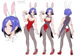  1girl animal_ears ass bare_shoulders breasts bunny_tail bunnysuit card character_sheet cleavage commentary concept_art detached_collar earrings female full_body high_heels highres holding jewelry leotard looking_at_viewer lovina_(taimanin_asagi_battle_arena) medium_breasts multiple_views pantyhose rabbit_ears short_hair simple_background solo standing strapless strapless_leotard tail taimanin_(series) taimanin_asagi_battle_arena turnaround white_background wrist_cuffs zol 