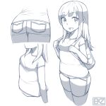  1girl :d arm_at_side ass backpack bag blue blush breasts cropped_legs ekz_(drawfag) eyebrows_visible_through_hair greyscale head_out_of_frame long_hair looking_at_viewer monochrome multiple_views open_mouth original shirt short_sleeves shorts sketch small_breasts smile white_background 