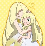  2girls blonde_hair blush braid closed_eyes dress green_eyes hair_over_one_eye heart hug kurumi_(forte) lillie_(pokemon) long_hair lusamine_(pokemon) mother_and_daughter multiple_girls one_eye_closed open_mouth pokemon pokemon_(anime) pokemon_sm_(anime) sleeveless sleeveless_dress smile twin_braids white_dress 