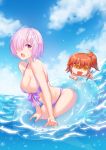  2girls :d ahoge arched_back bangs bikini blue_sky blush breasts brown_hair cherry_blossoms chibi clouds cloudy_sky collarbone day empty_eyes fate/grand_order fate_(series) floral_print fujimaru_ritsuka_(female) hair_over_one_eye halter_top halterneck holding holding_pencil innertube large_breasts mash_kyrielight multiple_girls navel ocean open_mouth outdoors pencil popping purple_bikini purple_hair riyo_(lyomsnpmp)_(style) shielder_(fate/grand_order) short_hair side_ponytail sky smile sparkle swimsuit thighs violet_eyes wet xion32 yellow_eyes 