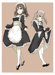  2girls alternate_costume apron bangs black_dress black_footwear brown_background closed_mouth curtsey dress enmaided full_body girls_und_panzer hikyakuashibi light_brown_hair long_hair long_sleeves looking_at_viewer maid maid_apron maid_headdress mary_janes mika_(girls_und_panzer) multiple_girls open_mouth shimada_arisu shoes simple_background skirt_hold smile standing thigh-highs white_legwear 