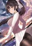  1girl azur_lane bangs black_hair black_legwear breasts clouds cloudy_sky dutch_angle eyebrows_visible_through_hair from_side gloves hair_flaps half_gloves holding holding_sword holding_weapon katana large_breasts long_hair long_sleeves looking_at_viewer maosame military military_uniform panties panties_under_pantyhose pantyhose pantyshot pantyshot_(standing) parted_lips ponytail sheath sheathed sidelocks skirt sky solo standing sword takao_(azur_lane) underwear uniform very_long_hair weapon white_gloves 