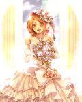  1girl :d bouquet brown_eyes brown_hair collarbone detached_sleeves dress flower hair_ornament holding holding_bouquet jewelry layered_dress long_hair looking_at_viewer necklace open_mouth petra_ral raven-y2 shingeki_no_kyojin sleeveless sleeveless_dress smile solo standing strapless strapless_dress striped striped_dress white_dress white_flower 