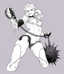  1girl armor ball_and_chain breasts chains closed_mouth cropped_legs fate/grand_order fate_(series) fighting_stance from_below grey_background greyscale holding holding_weapon large_breasts legs_apart long_hair looking_at_viewer looking_down monochrome muscle muscular_female navel penthesilea_(fate/grand_order) serious simple_background solo spikes spot_color standing vambraces weapon yellow_eyes yosi135 