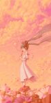  1girl bangs closed_eyes dress facing_down falling_petals field floating_hair flower flower_field flower_request from_side green_hair hatsune_miku head_wreath highres holding holding_flower komodo long_hair off-shoulder_dress off_shoulder outdoors petals ribbon short_sleeves solo sunset twintails very_long_hair vocaloid 
