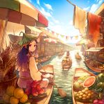  1girl akagi_shun apple awning banana basket black_hair blue_sky blush boat closed_mouth cloth clouds corn dragon_fruit food from_behind fruit hair_ornament holding_oar laundry leaf leaf_hat leaf_on_head long_hair long_sleeves looking_at_viewer low-tied_long_hair market oar original outdoors parasol plate pomelo pot purple_hair railing red_eyes revision river sash signature sitting sky smile solo_focus string_of_flags striped thatched_roof tropical umbrella water watercraft watermelon 