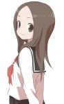  1girl absurdres arms_behind_back bangs black_skirt brown_eyes brown_hair closed_mouth commentary_request forehead from_side highres karakai_jouzu_no_takagi-san long_hair long_sleeves looking_at_viewer looking_to_the_side neckerchief parted_bangs pleated_skirt red_neckerchief sailor_collar school_uniform serafuku shirt simple_background skirt smile solo standing takagi-san white_background white_shirt yamamoto_souichirou 