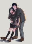  &gt;:o 1boy 1girl :o amagami black_hair blush brown_eyes closed_eyes commentary grey_background highres jacket ken_sogen loafers long_hair nanasaki_ai open_mouth pleated_skirt school_uniform shoes short_hair simple_background skirt tachibana_jun&#039;ichi 