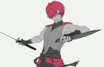  1boy ahoge bare_shoulders character_request closed_mouth dual_wielding fate/grand_order fate_(series) fingerless_gloves gloves grey_background hair_over_one_eye holding holding_sword holding_weapon kunai male_focus monochrome one_eye_covered outstretched_arms red_eyes redhead reverse_grip short_hair simple_background solo spot_color spread_arms standing sword weapon yosi135 