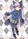  1girl :d animal_ears argyle argyle_background black_bow black_gloves black_legwear black_neckwear blue_jacket blush bow bowtie buttons closed_eyes extra_ears fox_ears fox_tail full_body fur_trim gloves grey_skirt heart highres jacket kemono_friends long_hair long_sleeves looking_at_viewer miniskirt necktie open_mouth pantyhose pleated_skirt silver_fox_(kemono_friends) silver_hair skirt smile solo tail tamiya_akito very_long_hair yellow_eyes 