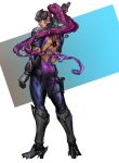  1boy armor ass battle_tendency bodysuit cosplay dark_skin dark_skinned_male eyeshadow from_behind gun jojo_no_kimyou_na_bouken kars_(jojo) lips long_hair looking_at_viewer looking_back makeup male_focus overwatch purple_hair rifle sniper_rifle spider_tattoo visor weapon widowmaker_(overwatch) widowmaker_(overwatch)_(cosplay) 