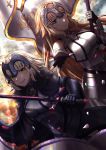  2girls armor armored_dress blonde_hair blue_eyes blush breasts cape chains fate/grand_order fate_(series) fur-trimmed_cape fur_trim highres jeanne_alter large_breasts long_hair looking_at_viewer multiple_girls outstretched_arms petals ruler_(fate/apocrypha) saruei short_hair smile standard_bearer yellow_eyes 
