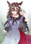  1girl animal_ears asuzemu blush breasts brooch brown_hair collarbone cowboy_shot dress fangs imaizumi_kagerou jewelry long_hair long_sleeves looking_at_viewer medium_breasts parted_lips red_eyes smile solo tail touhou wavy_hair wide_sleeves wolf_ears wolf_tail 