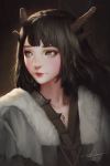  1girl bangs black_hair brown_eyes closed_mouth coat dao_trong_le dated eyelashes fur-trimmed_coat fur_trim highres horns jewelry lips long_hair necklace nose original red_lips signature solo upper_body watermark 