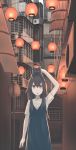  1girl air_conditioner alley animal animal_on_head black_cat brown_eyes brown_hair cat cat_on_head city commentary dark dress highres hinami047 lantern long_hair looking_at_viewer muted_color night on_head open_mouth original paper_lantern sign solo 