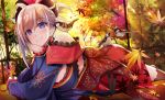  1girl autumn_leaves bird blue_eyes blush breasts detached_sleeves earrings eurasian_tree_sparrow fate/grand_order fate_(series) hair_ornament hirai_yuzuki japanese_clothes jewelry kimono large_breasts leaf looking_at_viewer lying maple_leaf miyamoto_musashi_(fate/grand_order) ponytail sash smile solo sparrow thigh-highs 