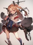  1girl american_flag_legwear azur_lane bangs bikini blonde_hair breasts brown_background cannon cape cleveland_(azur_lane) collar crane flush grin gun high_collar holding holding_sunglasses long_hair looking_at_viewer machinery mast medium_breasts meme_attire navel one_side_up parted_bangs pleated_skirt red_eyes rigging side-tie_bikini simple_background skirt sleeves_rolled_up smile smug socks solo sunglasses swimsuit toridamono turret weapon 