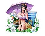  1girl black_hair blue_eyes bodskih book breasts cleavage collarbone crop_top hand_in_hair head_tilt large_breasts long_hari looking_at_viewer midriff navel nico_robin one_piece sitting smile solo stomach sunglasses sunglasses_on_head transparent_background white_flower 