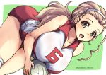  1girl :d bare_shoulders blonde_hair breasts character_request cleavage girls_und_panzer green_eyes large_breasts long_hair looking_at_viewer open_mouth sasaki_akebi shinshin smile solo sportswear teeth twitter_username volleyball volleyball_uniform 