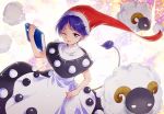  1girl :3 bare_arms black_dress blue_hair book brown_eyes capelet doremy_sweet dress hat holding holding_book looking_at_viewer makuwauri nightcap one_eye_closed pom_pom_(clothes) sheep short_hair smile solo tail tapir_tail touhou 