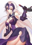  1girl ass bare_shoulders between_breasts blonde_hair breasts brown_eyes chains cleavage dutch_angle fate/grand_order fate_(series) gloves grin headpiece highres jeanne_alter large_breasts long_hair ruler_(fate/apocrypha) ryuubou side_slit smile solo sword thighs weapon white_background 