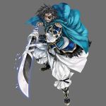  1boy apt armor beard black_hair cape eyepatch facial_hair full_body grey_background gyakushuu_no_fantasica holding holding_sword holding_weapon looking_at_viewer male_focus official_art open_mouth simple_background solo sword teeth weapon 