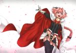  1boy 6suke black_legwear braid cape fang fate/apocrypha fate/grand_order fate_(series) garter_straps hair_ribbon horn_(instrument) long_hair looking_at_viewer male_focus navel open_mouth petals pink_hair ribbon rider_of_black rokusuke_(6suke_ver_6) single_braid smile solo sword thigh-highs violet_eyes weapon 