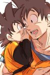  2boys black_eyes black_hair carrying dougi dragon_ball dragonball_z father_and_son hand_on_own_face highres long_sleeves looking_at_another male_focus miiko_(drops7) multiple_boys open_mouth shaded_face smile son_gokuu son_goten spiky_hair whispering 