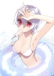  1girl albino arm_up armpits bad_anatomy bangs bikini blush breasts cleavage day food hair_between_eyes innertube looking_at_viewer medium_breasts mouth_hold ocean original partially_submerged popsicle red_eyes rimo short_hair silver_hair solo swimsuit twisted_torso twitter_username white_bikini white_hair 