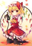  1girl absurdres ascot autumn_leaves bangs black_legwear blonde_hair closed_mouth eyebrows_visible_through_hair flandre_scarlet full_body garter_straps gradient gradient_background hat highres holding kneeling laevatein leaf long_hair looking_at_viewer mob_cap one_eye_closed orange_background puffy_short_sleeves puffy_sleeves red_eyes red_skirt ruhika short_sleeves skirt skirt_set smile solo thigh-highs touhou very_long_hair white_background wings wrist_cuffs 