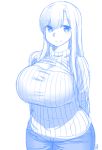  &gt;:) 1girl arms_behind_back blue blush breasts cleavage cleavage_cutout closed_mouth ekz_(drawfag) huge_breasts long_hair looking_at_viewer meme_attire monochrome open-chest_sweater original pants ribbed_sweater sketch smile solo standing sweater turtleneck turtleneck_sweater white_background 