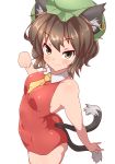  1girl :3 absurdres animal_ears armpits bare_arms bare_shoulders blush breasts brown_eyes brown_hair cat_ears cat_tail chen closed_mouth cowboy_shot dress from_side hat highres jewelry looking_at_viewer looking_to_the_side mob_cap multiple_tails red_dress short_dress short_hair single_earring sleeveless sleeveless_dress small_breasts smile solo tail tochinoko touhou two_tails 